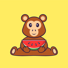 Cute monkey eating watermelon. Animal cartoon concept isolated. Can used for t-shirt, greeting card, invitation card or mascot. Flat Cartoon Style