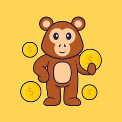 Cute monkey holding coin. Animal cartoon concept isolated. Can used for t-shirt, greeting card, invitation card or mascot. Flat Cartoon Style