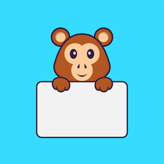 Cute monkey holding whiteboard. Animal cartoon concept isolated. Can used for t-shirt, greeting card, invitation card or mascot. Flat Cartoon Style