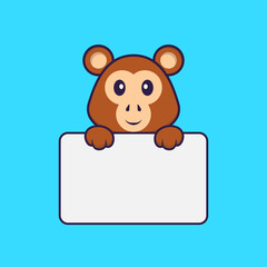 Cute monkey holding whiteboard. Animal cartoon concept isolated. Can used for t-shirt, greeting card, invitation card or mascot. Flat Cartoon Style
