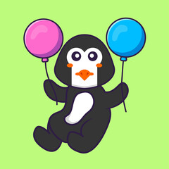 Cute penguin flying with two balloons. Animal cartoon concept isolated. Can used for t-shirt, greeting card, invitation card or mascot. Flat Cartoon Style