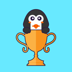 Cute penguin with gold trophy. Animal cartoon concept isolated. Can used for t-shirt, greeting card, invitation card or mascot. Flat Cartoon Style