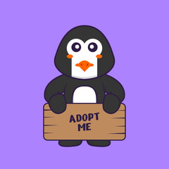 Cute penguin holding a poster Adopt me. Animal cartoon concept isolated. Can used for t-shirt, greeting card, invitation card or mascot. Flat Cartoon Style