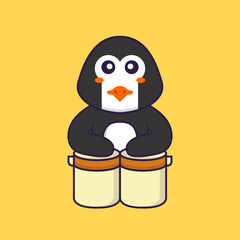 Cute penguin is playing drums. Animal cartoon concept isolated. Can used for t-shirt, greeting card, invitation card or mascot. Flat Cartoon Style