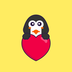 Cute penguin holding a big red heart. Animal cartoon concept isolated. Can used for t-shirt, greeting card, invitation card or mascot. Flat Cartoon Style