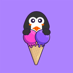 Cute penguin with sweet ice cream. Animal cartoon concept isolated. Can used for t-shirt, greeting card, invitation card or mascot. Flat Cartoon Style