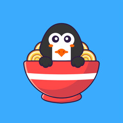 Cute penguin eating ramen noodles. Animal cartoon concept isolated. Can used for t-shirt, greeting card, invitation card or mascot. Flat Cartoon Style
