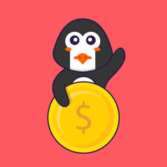 Cute penguin holding coin. Animal cartoon concept isolated. Can used for t-shirt, greeting card, invitation card or mascot. Flat Cartoon Style