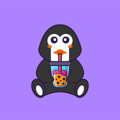 Cute penguin Drinking Boba milk tea. Animal cartoon concept isolated. Can used for t-shirt, greeting card, invitation card or mascot. Flat Cartoon Style