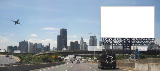 Driving detection with CCTV cameras. Collecting data for statistical analysis of traffic. Connecting Car Driving with Artificial Intelligence or AI. City with billboard.