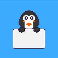 Cute penguin holding whiteboard. Animal cartoon concept isolated. Can used for t-shirt, greeting card, invitation card or mascot. Flat Cartoon Style