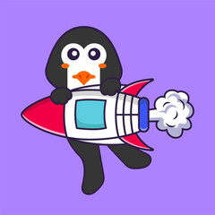 Cute penguin flying on rocket. Animal cartoon concept isolated. Can used for t-shirt, greeting card, invitation card or mascot. Flat Cartoon Style