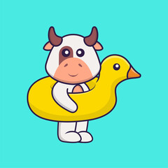 Cute cow With Duck buoy. Animal cartoon concept isolated. Can used for t-shirt, greeting card, invitation card or mascot. Flat Cartoon Style