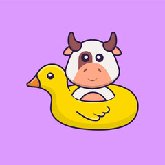 Cute cow With Duck buoy. Animal cartoon concept isolated. Can used for t-shirt, greeting card, invitation card or mascot. Flat Cartoon Style