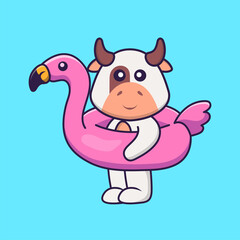 Cute cow With flamingo buoy. Animal cartoon concept isolated. Can used for t-shirt, greeting card, invitation card or mascot. Flat Cartoon Style