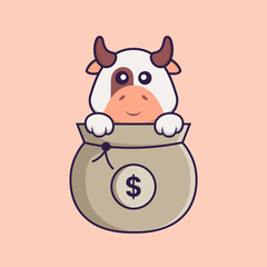 Cute cow playing in money bag. Animal cartoon concept isolated. Can used for t-shirt, greeting card, invitation card or mascot. Flat Cartoon Style