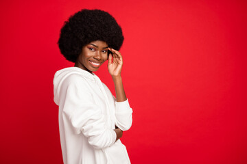 Profile photo of lovely brunette young lady hand face wear white sportswear isolated on red color...