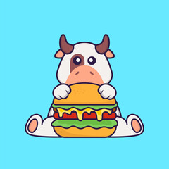 Cute cow eating burger. Animal cartoon concept isolated. Can used for t-shirt, greeting card, invitation card or mascot. Flat Cartoon Style