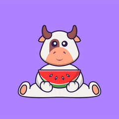 Cute cow eating watermelon. Animal cartoon concept isolated. Can used for t-shirt, greeting card, invitation card or mascot. Flat Cartoon Style