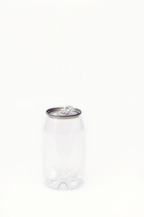 Blank transparent tin for beer or fizzy pop drink.  Empty soda can, mockup.  Clear jar for beverage, template.