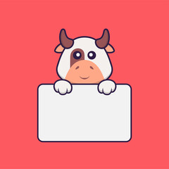Cute cow holding whiteboard. Animal cartoon concept isolated. Can used for t-shirt, greeting card, invitation card or mascot. Flat Cartoon Style