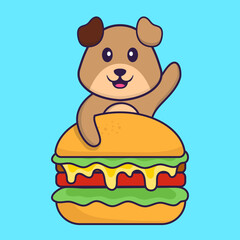 Cute dog eating burger. Animal cartoon concept isolated. Can used for t-shirt, greeting card, invitation card or mascot. Flat Cartoon Style