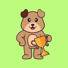 Obraz na płótnie Canvas Cute dog holding gold trophy. Animal cartoon concept isolated. Can used for t-shirt, greeting card, invitation card or mascot. Flat Cartoon Style