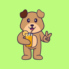 Cute dog holding orange juice in glass. Animal cartoon concept isolated. Can used for t-shirt, greeting card, invitation card or mascot. Flat Cartoon Style