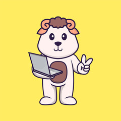 Cute sheep holding laptop. Animal cartoon concept isolated. Can used for t-shirt, greeting card, invitation card or mascot. Flat Cartoon Style