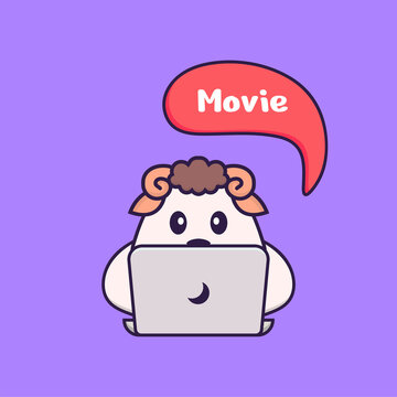 Cute sheep is watching a movie. Animal cartoon concept isolated. Can used for t-shirt, greeting card, invitation card or mascot. Flat Cartoon Style