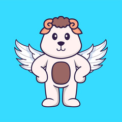 Cute sheep using wings. Animal cartoon concept isolated. Can used for t-shirt, greeting card, invitation card or mascot. Flat Cartoon Style