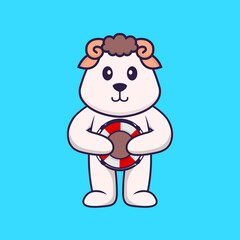 Cute sheep holding a buoy. Animal cartoon concept isolated. Can used for t-shirt, greeting card, invitation card or mascot. Flat Cartoon Style