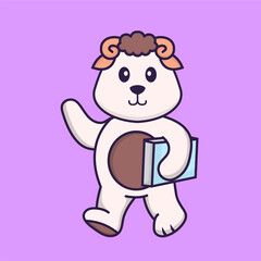 Cute sheep holding a book. Animal cartoon concept isolated. Can used for t-shirt, greeting card, invitation card or mascot. Flat Cartoon Style