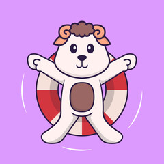 Cute sheep is Swimming with a buoy. Animal cartoon concept isolated. Can used for t-shirt, greeting card, invitation card or mascot. Flat Cartoon Style