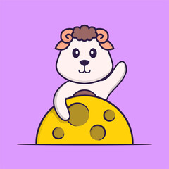Fototapeta premium Cute sheep is on the moon. Animal cartoon concept isolated. Can used for t-shirt, greeting card, invitation card or mascot. Flat Cartoon Style