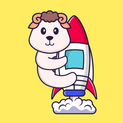 Cute sheep flying on rocket. Animal cartoon concept isolated. Can used for t-shirt, greeting card, invitation card or mascot. Flat Cartoon Style