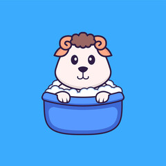 Cute sheep taking a bath in the bathtub. Animal cartoon concept isolated. Can used for t-shirt, greeting card, invitation card or mascot. Flat Cartoon Style