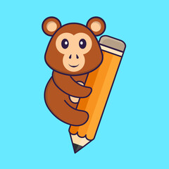 Cute monkey holding a pencil. Animal cartoon concept isolated. Can used for t-shirt, greeting card, invitation card or mascot. Flat Cartoon Style