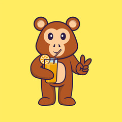 Cute monkey holding orange juice in glass. Animal cartoon concept isolated. Can used for t-shirt, greeting card, invitation card or mascot. Flat Cartoon Style