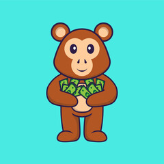 Cute monkey holding money. Animal cartoon concept isolated. Can used for t-shirt, greeting card, invitation card or mascot. Flat Cartoon Style