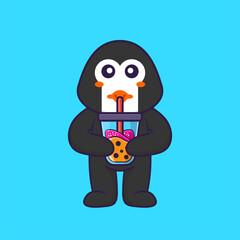 Cute penguin Drinking Boba milk tea. Animal cartoon concept isolated. Can used for t-shirt, greeting card, invitation card or mascot. Flat Cartoon Style