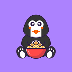 Cute penguin eating ramen noodles. Animal cartoon concept isolated. Can used for t-shirt, greeting card, invitation card or mascot. Flat Cartoon Style