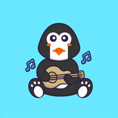 Cute penguin playing guitar. Animal cartoon concept isolated. Can used for t-shirt, greeting card, invitation card or mascot. Flat Cartoon Style