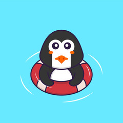 Cute penguin is Swimming with a buoy. Animal cartoon concept isolated. Can used for t-shirt, greeting card, invitation card or mascot. Flat Cartoon Style