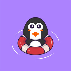 Cute penguin is Swimming with a buoy. Animal cartoon concept isolated. Can used for t-shirt, greeting card, invitation card or mascot. Flat Cartoon Style
