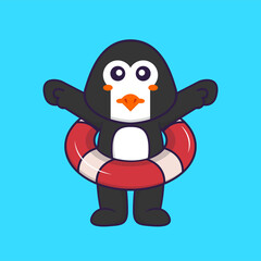 Cute penguin using a float. Animal cartoon concept isolated. Can used for t-shirt, greeting card, invitation card or mascot. Flat Cartoon Style