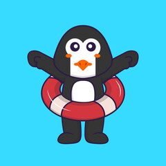 Cute penguin using a float. Animal cartoon concept isolated. Can used for t-shirt, greeting card, invitation card or mascot. Flat Cartoon Style