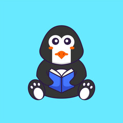 Cute penguin reading a book. Animal cartoon concept isolated. Can used for t-shirt, greeting card, invitation card or mascot. Flat Cartoon Style