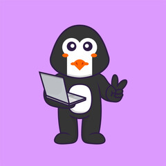 Cute penguin holding laptop. Animal cartoon concept isolated. Can used for t-shirt, greeting card, invitation card or mascot. Flat Cartoon Style