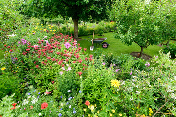 Schubkarre mit Compost für die Blumenbeete in meinem Garten - obrazy, fototapety, plakaty